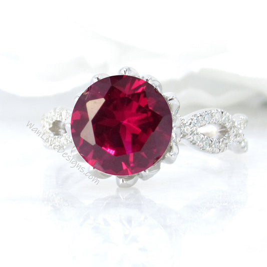 Ruby & Diamond Lotus Flower Infinity Twisted Round Engagement Ring, 14kt 18kt Gold-Platinum-Custom-Wedding-Anniversary Wan Love Designs