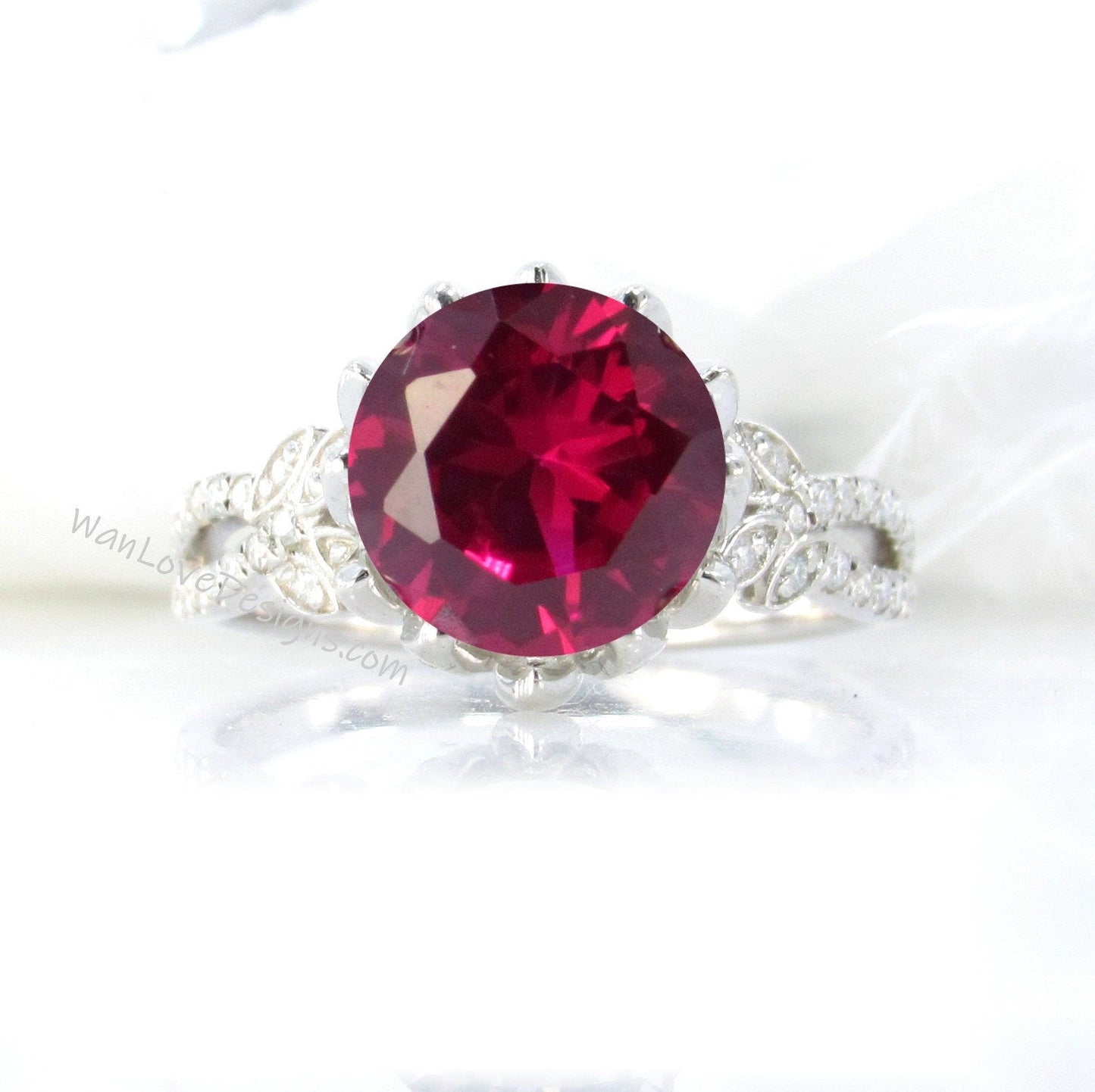 Ruby & Diamond Lotus Flower Split Shank Leaf Engagement Ring, 14k 18k White Yellow Rose Gold, Platinum,Custom,Wedding,Gift Wan Love Designs