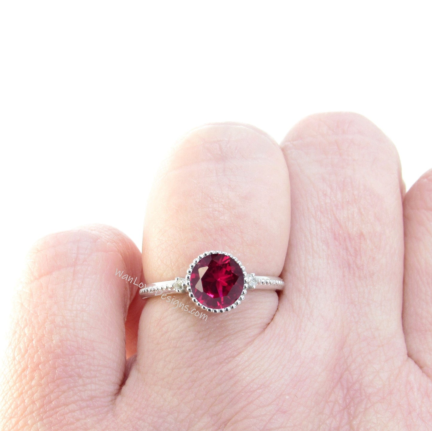 Ruby Diamond Milgrain Bezel Round 3 Gem stone Engagement Ring, Custom Wedding 14kt 18kt Gold, Platinum, WanLoveDesigns Wan Love Designs