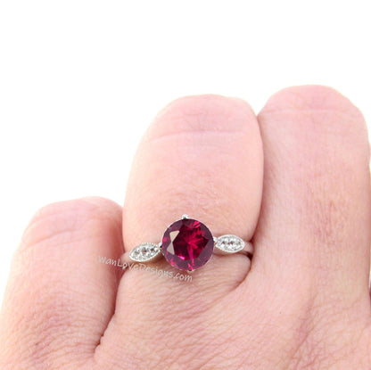 Ruby & Diamond Milgrain Leaf Round Engagement Ring, 14kt 18kt Gold-Platinum-Custom-Wedding-Anniversary, WanLoveDesigns Wan Love Designs