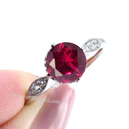 Ruby & Diamond Milgrain Leaf Round Engagement Ring, 14kt 18kt Gold-Platinum-Custom-Wedding-Anniversary, WanLoveDesigns Wan Love Designs