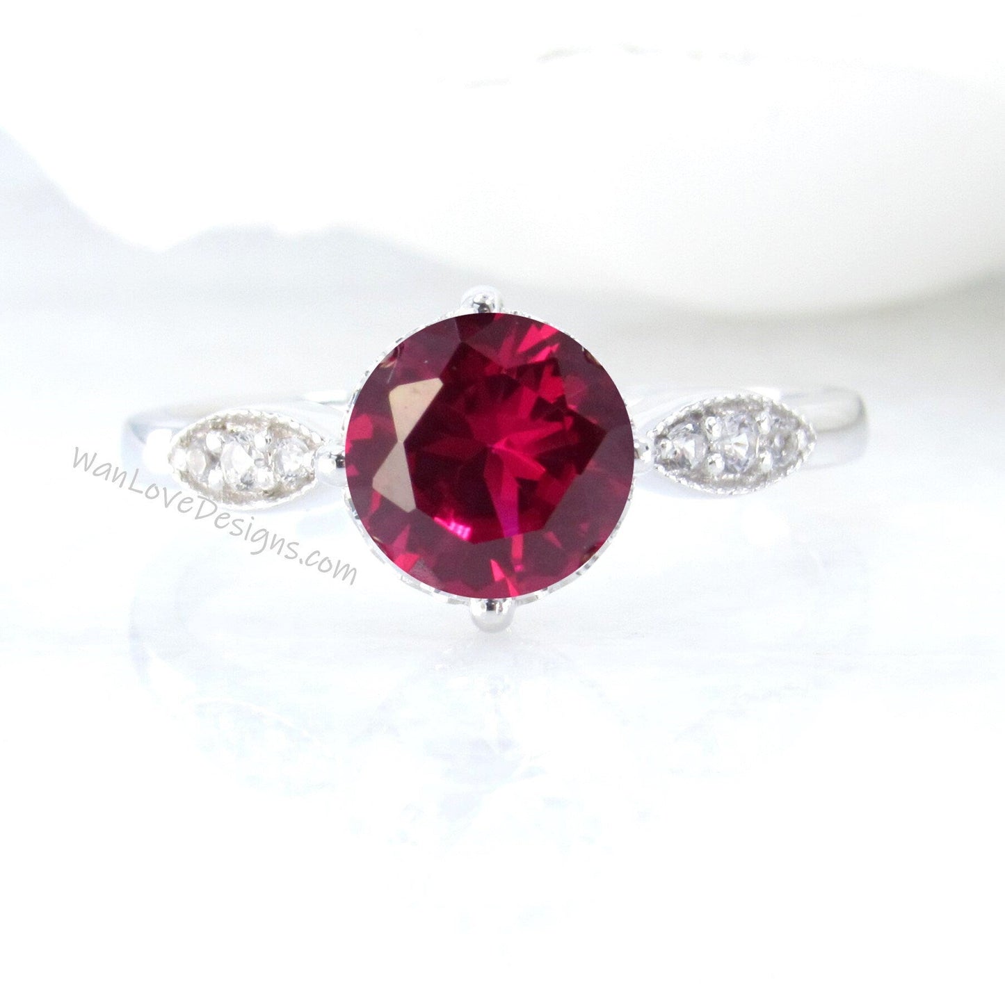 Ruby & Diamond Milgrain Leaf Round Engagement Ring, 14kt 18kt Gold-Platinum-Custom-Wedding-Anniversary, WanLoveDesigns Wan Love Designs