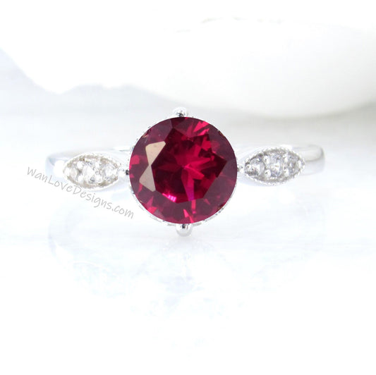 Ruby & Diamond Milgrain Leaf Round Engagement Ring, 14kt 18kt Gold-Platinum-Custom-Wedding-Anniversary, WanLoveDesigns Wan Love Designs