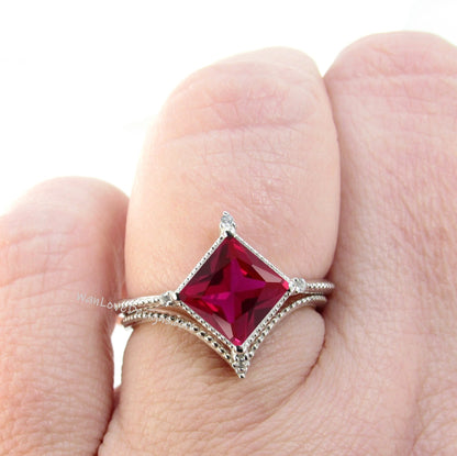 Ruby & Diamond Milgrain Princess Kite NSEW Engagement Ring Set, V Chevron Wedding Band, Custom, 14k 18k White Yellow Rose Gold, Platinum Wan Love Designs