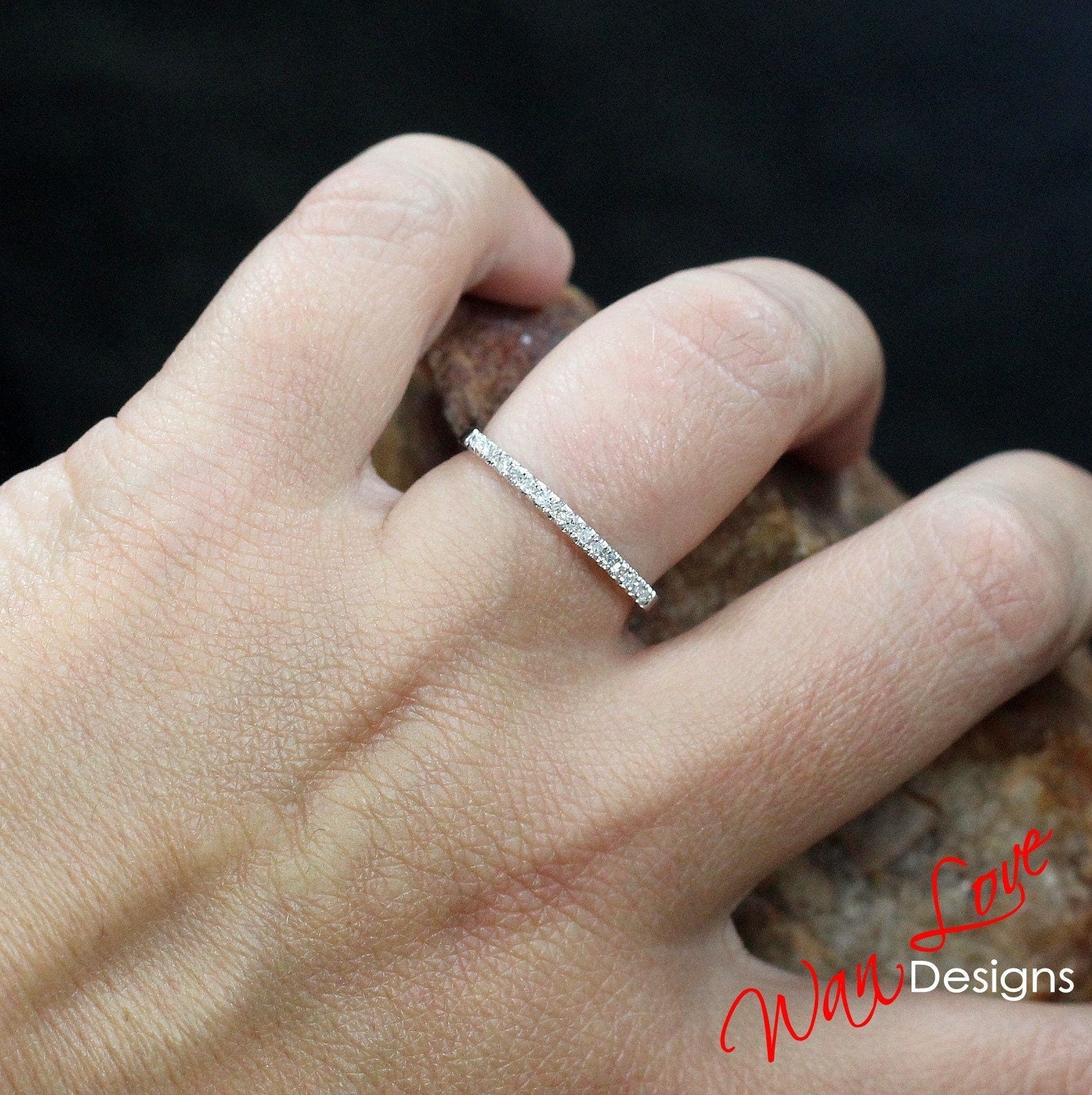 Ruby Diamond Moissanite White Sapphire Halfway Stackable Wedding Band Ring 1.85mm .22ct 14k 18k White Yellow Rose Gold Platinum Custom Wan Love Designs