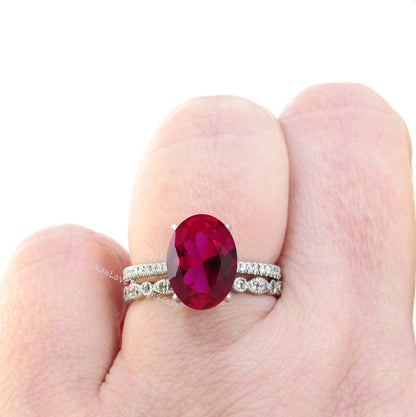 Ruby & Diamond Oval Engagement Ring Set, Eternity Leaf Milgrain Wedding Band Custom-14k 18k White-Yellow-Rose Gold-Platinum Wan Love Designs