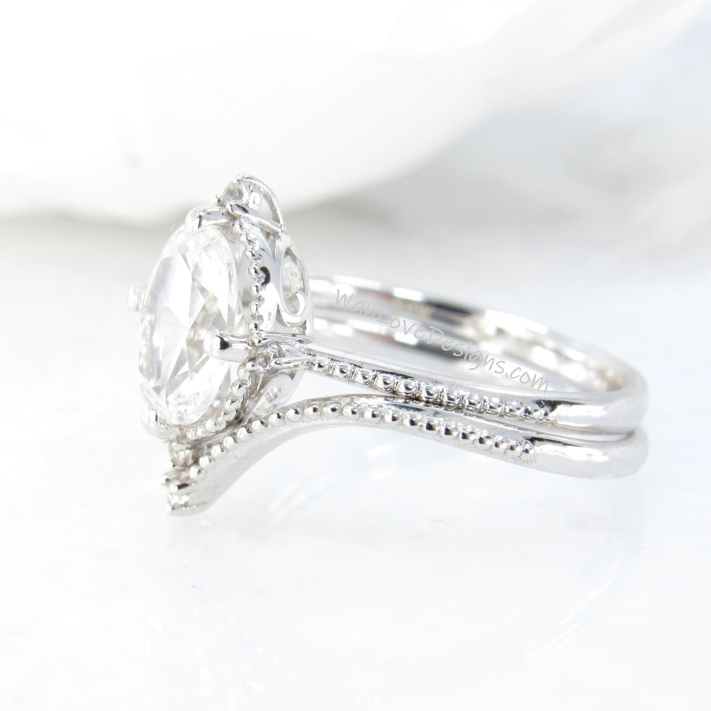 Ruby & Diamond Oval Milgrain Engagement Ring set, V Wedding Band, Custom, 14k 18k White Yellow Rose Gold,Platinum Wan Love Designs