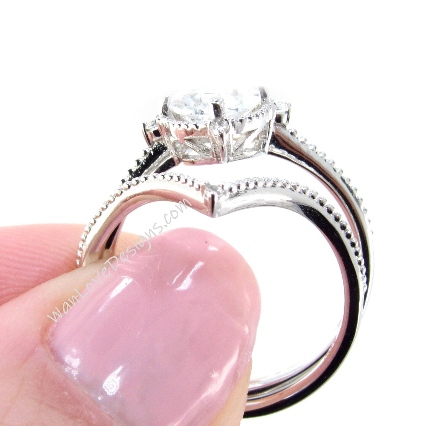 Ruby & Diamond Oval Milgrain Engagement Ring set, V Wedding Band, Custom, 14k 18k White Yellow Rose Gold,Platinum Wan Love Designs