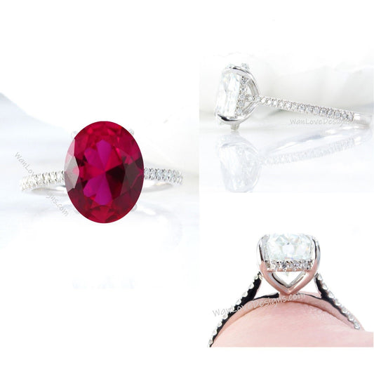 Ruby & Diamond Oval Side Halo Engagement Ring, 14k 18k White Yellow Rose Gold-Platinum-Custom made-Wedding-Anniversary-Promise Basket Wan Love Designs