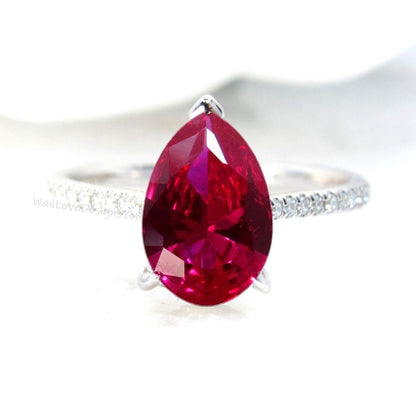 Ruby & Diamond Pear Side Halo Half Eternity Halfway Engagement Ring, Custom, 14k 18k White Yellow Rose Gold,Platinum,Wedding, WanLoveDesigns Wan Love Designs