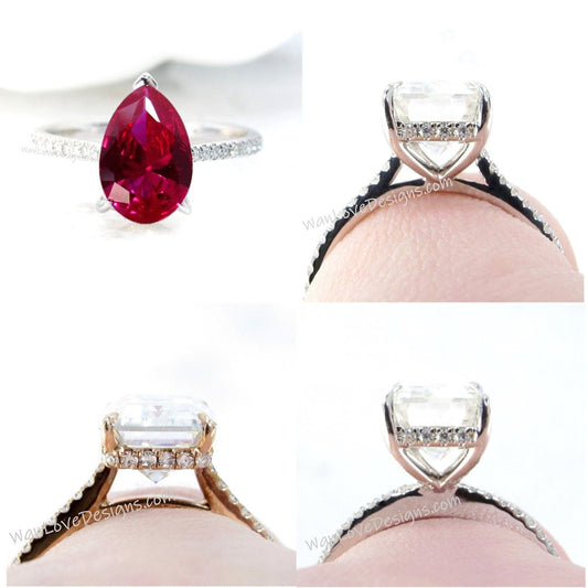 Ruby & Diamond Pear Side Halo Half Eternity Halfway Engagement Ring, Custom, 14k 18k White Yellow Rose Gold,Platinum,Wedding, WanLoveDesigns Wan Love Designs