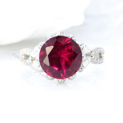 Ruby & Diamond Ring-Lotus Flower Engagement Ring-Marquise Gems-Split Shank Leaf Ring Custom-Weding-Anniversary Gift-Push Gift Wan Love Designs