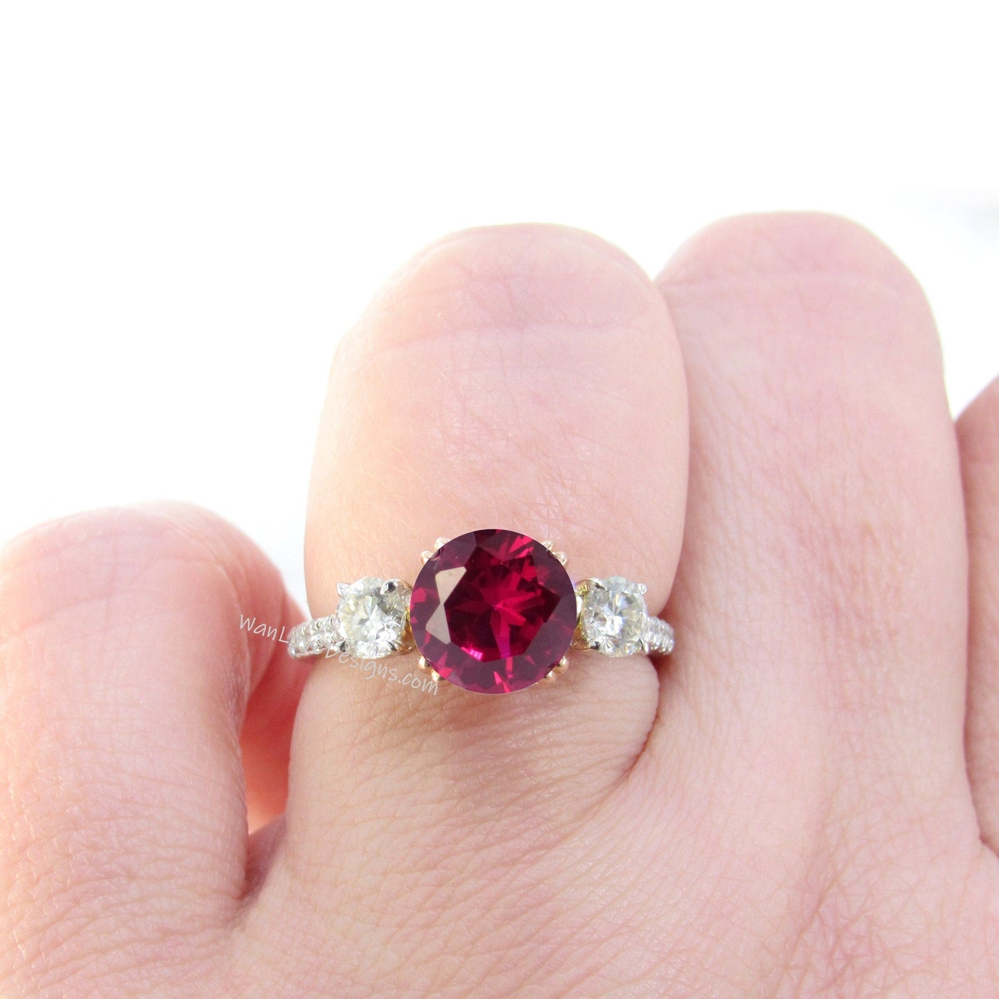 Ruby Diamond Ring, Three Stone Moissanite Ring, Round moissanite engagement Ring, Diamond Band Ring Wan Love Designs