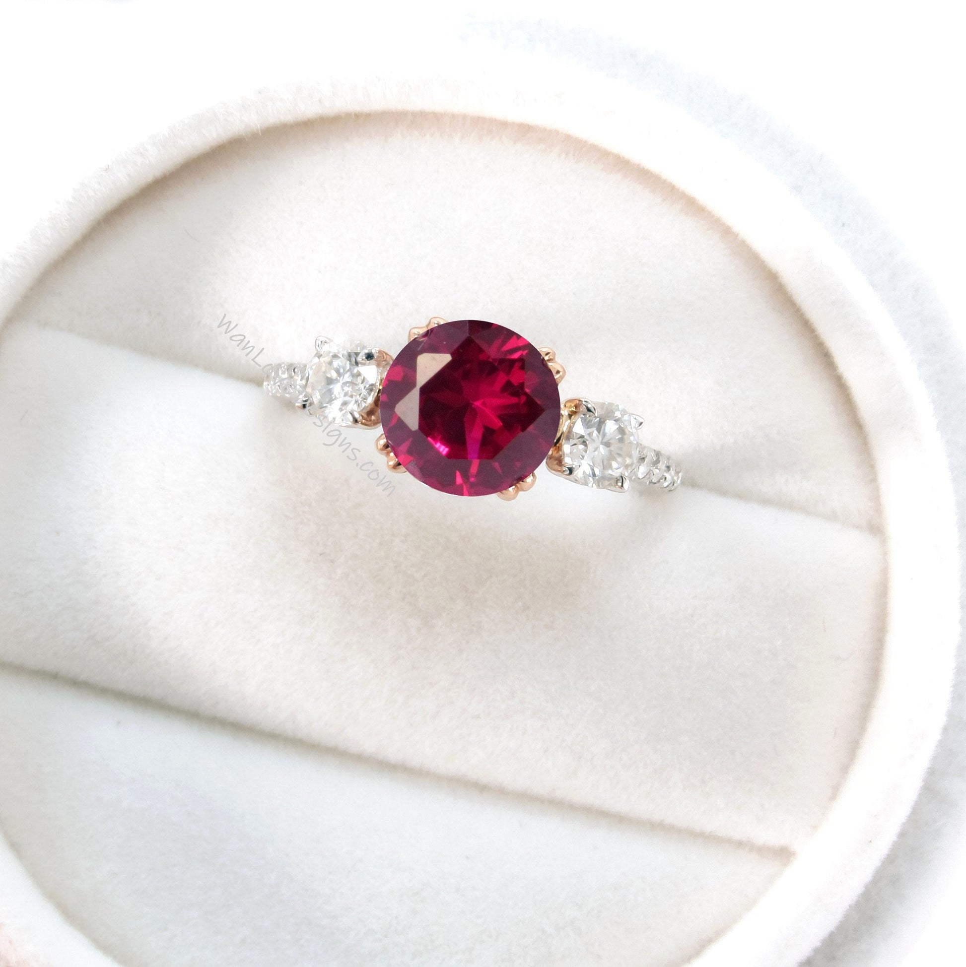 Ruby Diamond Ring, Three Stone Moissanite Ring, Round moissanite engagement Ring, Diamond Band Ring Wan Love Designs