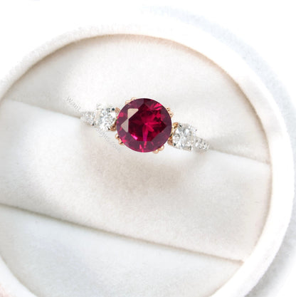 Ruby Diamond Ring, Three Stone Moissanite Ring, Round moissanite engagement Ring, Diamond Band Ring Wan Love Designs