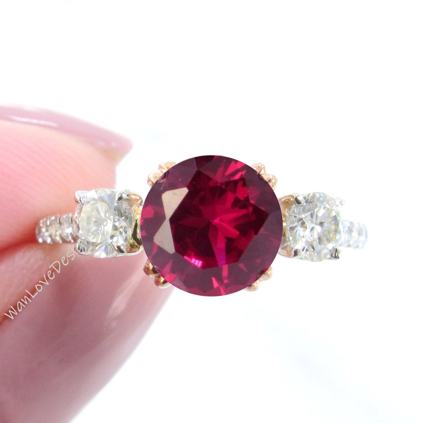 Ruby Diamond Ring, Three Stone Moissanite Ring, Round moissanite engagement Ring, Diamond Band Ring Wan Love Designs