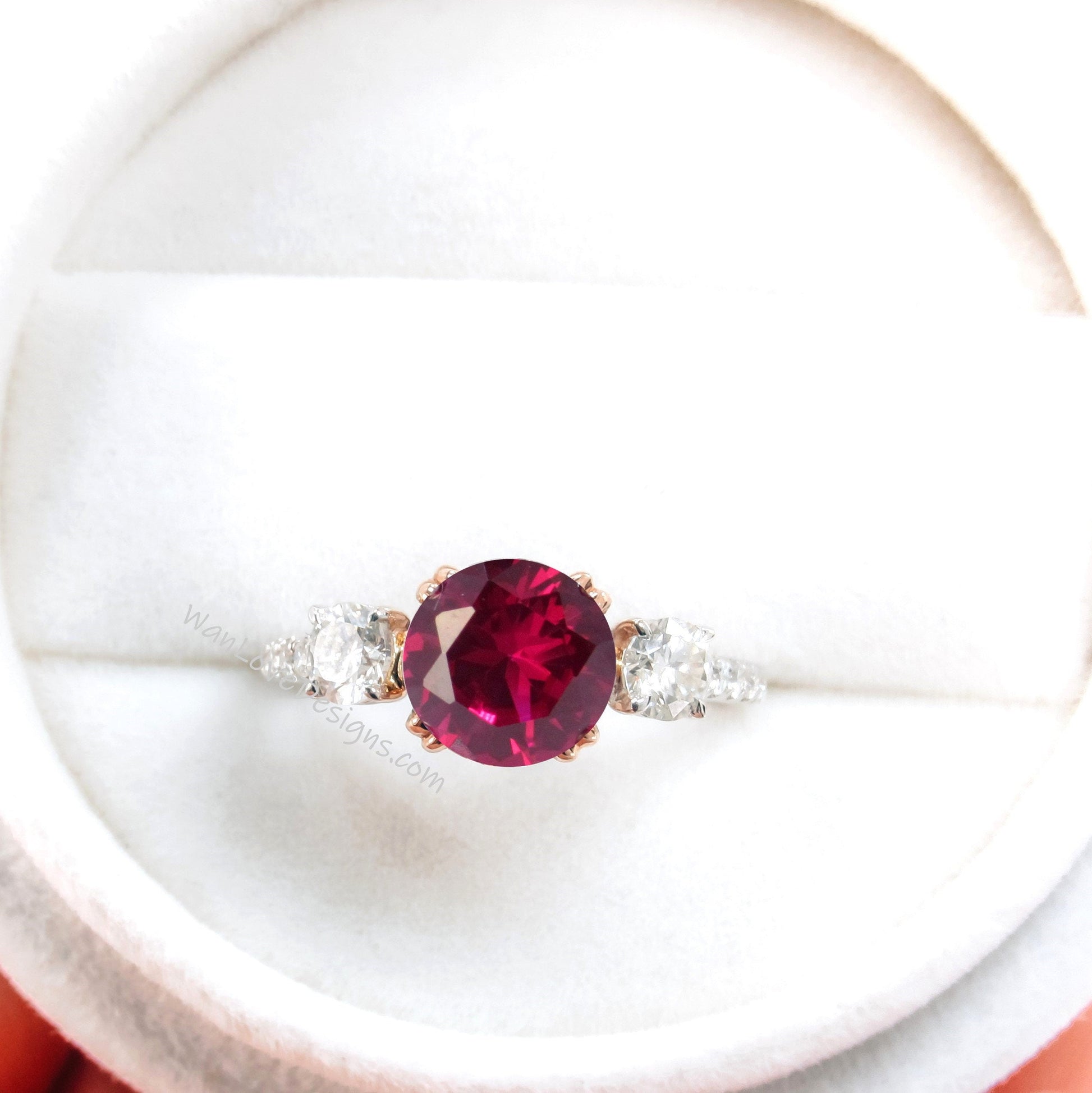 Ruby Diamond Ring, Three Stone Moissanite Ring, Round moissanite engagement Ring, Diamond Band Ring Wan Love Designs