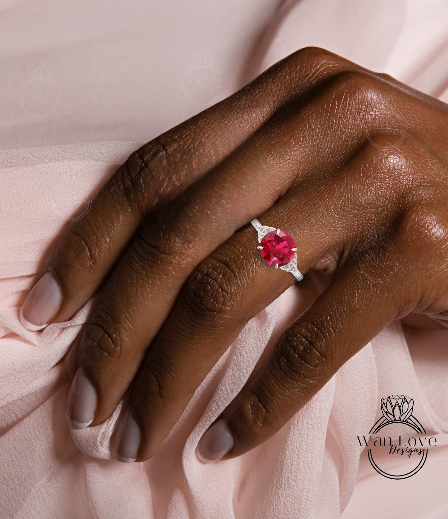 Ruby & Diamond Round Celtic Knot Engagement Ring, Custom,14k 18k White Yellow Rose Gold,Platinum,Wedding,Anniversary Gift,Double Wan Love Designs