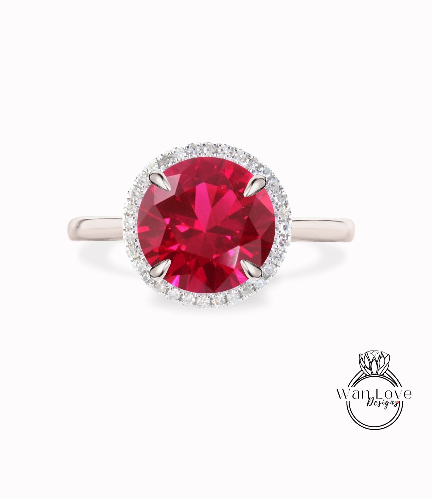 Ruby & Diamond Round Halo Plain Shank Engagement Ring Custom Wedding 14kt 18kt Gold, Platinum, WanLoveDesigns Wan Love Designs