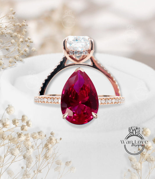 Ruby & Diamond Side Halo Pear Engagement Ring, Cathedral Basket, Custom-14k 18k Gold-Platinum-Wedding-Anniversary Gift, WanLoveDesigns Wan Love Designs