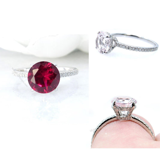 Ruby & Diamond prongs Basket Round Engagement Ring, Side Halo, 3/4 Almost Eternity, Custom Wedding, 14kt 18kt Gold, Platinum, WanLoveDesigns Wan Love Designs