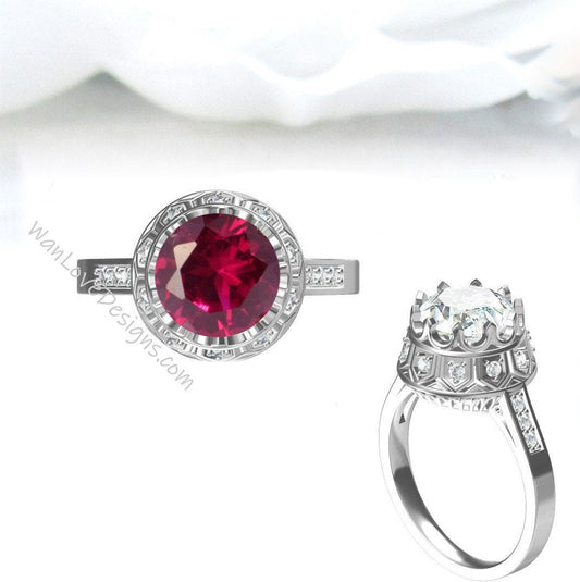 Ruby Diamonds Antique Vintage Style Crown Royalty Filigree Engagement Ring 2ct 8mm Custom Wedding Anniversary Gift Wan Love Designs