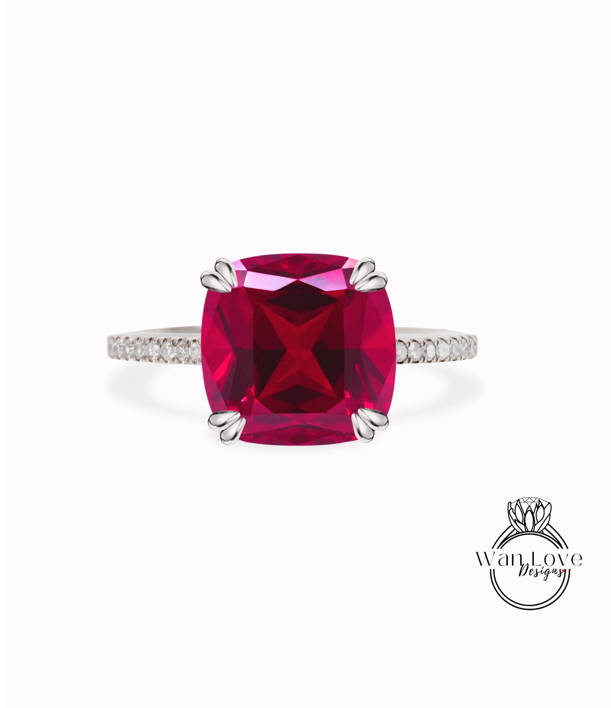 Ruby Diamonds Cushion Solitaire Engagement Ring/Custom/Wedding/Aniversary Gift/14k 18k White Rose Yellow Gold Wan Love Designs