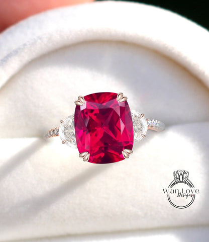 Ruby Diamonds & Moissanite Engagement Ring Oval Cushion Half Moon 3 Gem Stone 14k 18k White Yellow Rose Gold,Platinum,Custom Wan Love Designs