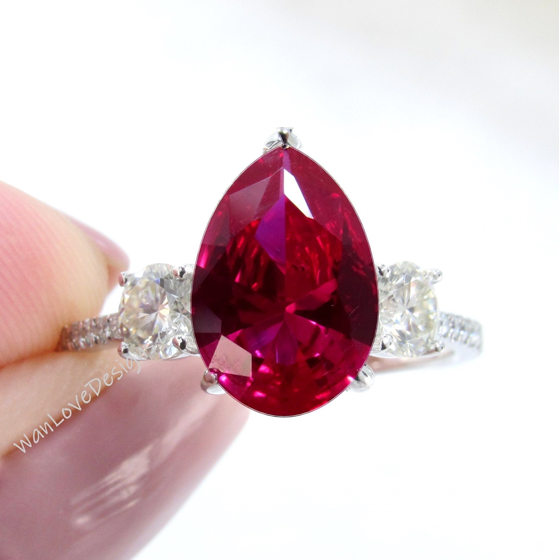 Ruby Diamonds Moissanite Pear Round 3 Stone Minimalist Dainty Engagement Ring Wedding Anniversary Gift Wan Love Designs