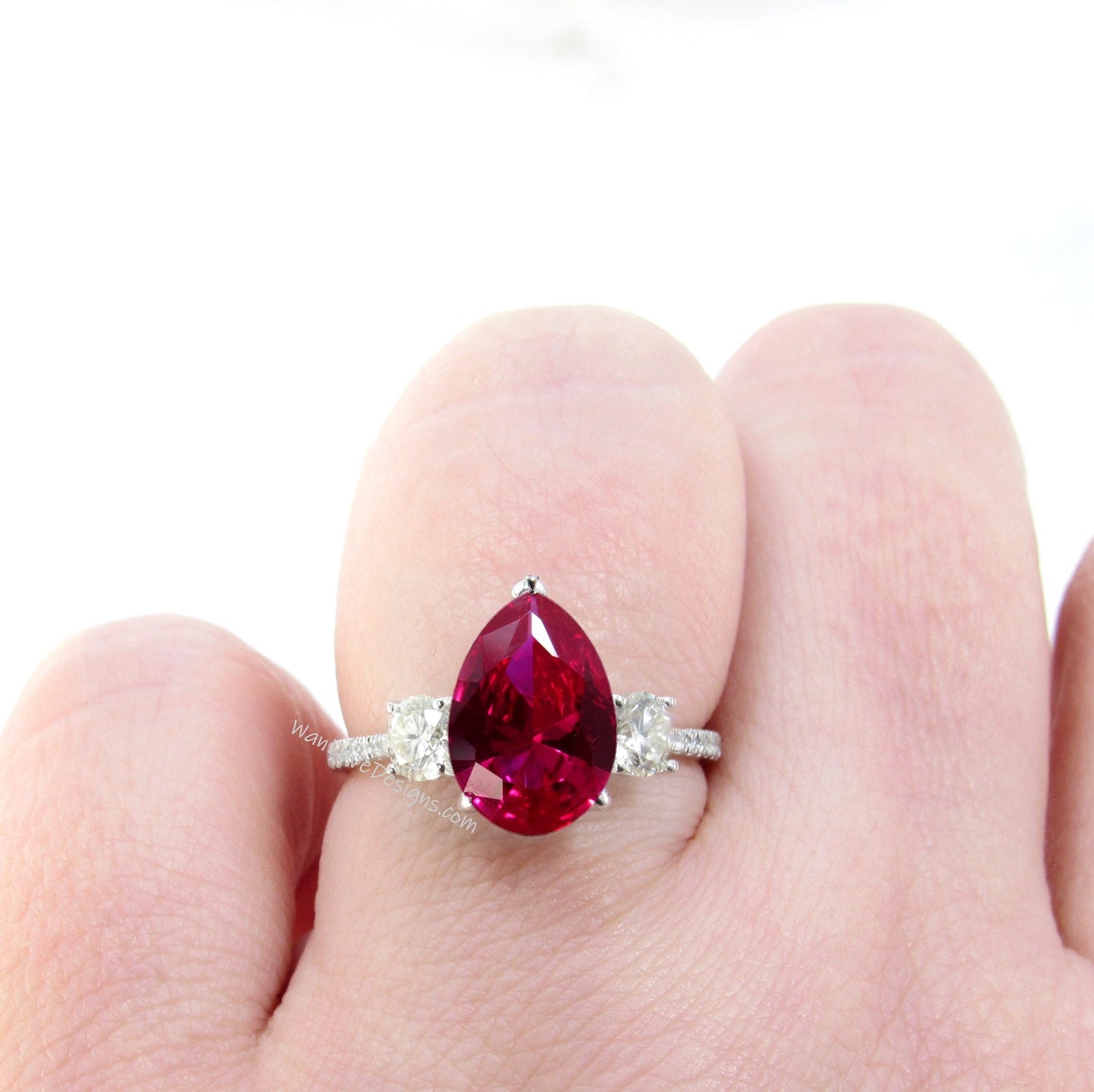 Ruby Diamonds Moissanite Pear Round 3 Stone Minimalist Dainty Engagement Ring Wedding Anniversary Gift Wan Love Designs