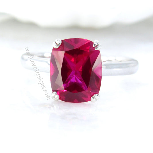 Ruby Elongated Cushion Cathedral Solitaire Engagement Ring, Custom-14k 18k White Yellow Rose gold-Platinum, WanLoveDesigns Wan Love Designs