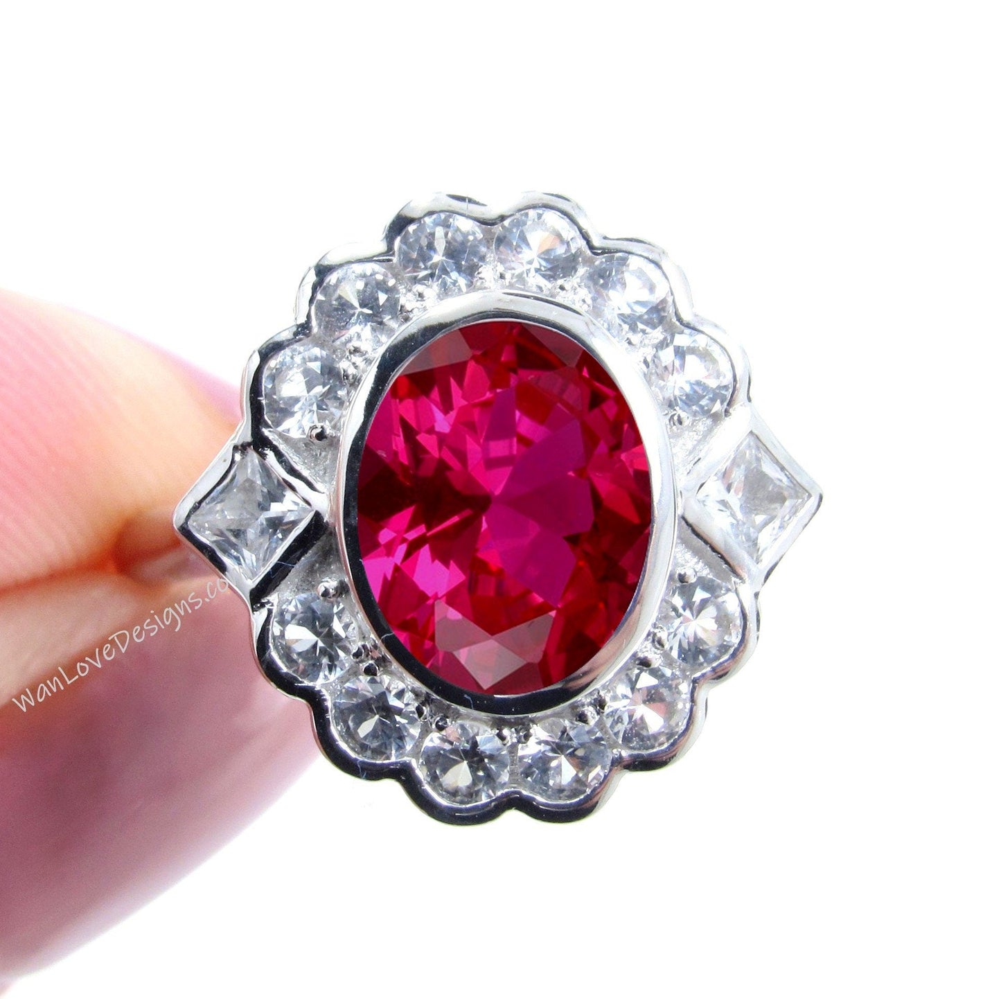 Ruby & Moissanite Oval Semi Bezel Cluster Princess Round Halo Engagement Ring Custom Wedding Jewelry Wan Love Designs