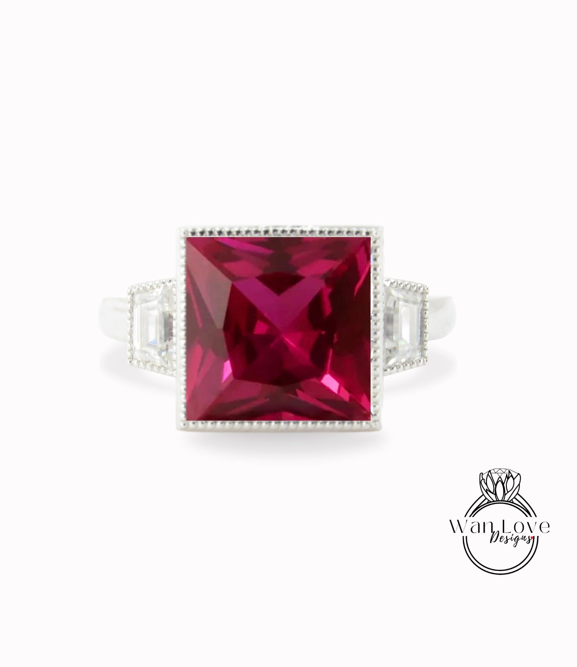 Ruby & Moissanite Sapphire 3 Gem Princess Trapezoid Bezel set Engagement Ring 14k 18k Gold-Platinum-Custom-Wedding, WanLoveDesigns Wan Love Designs