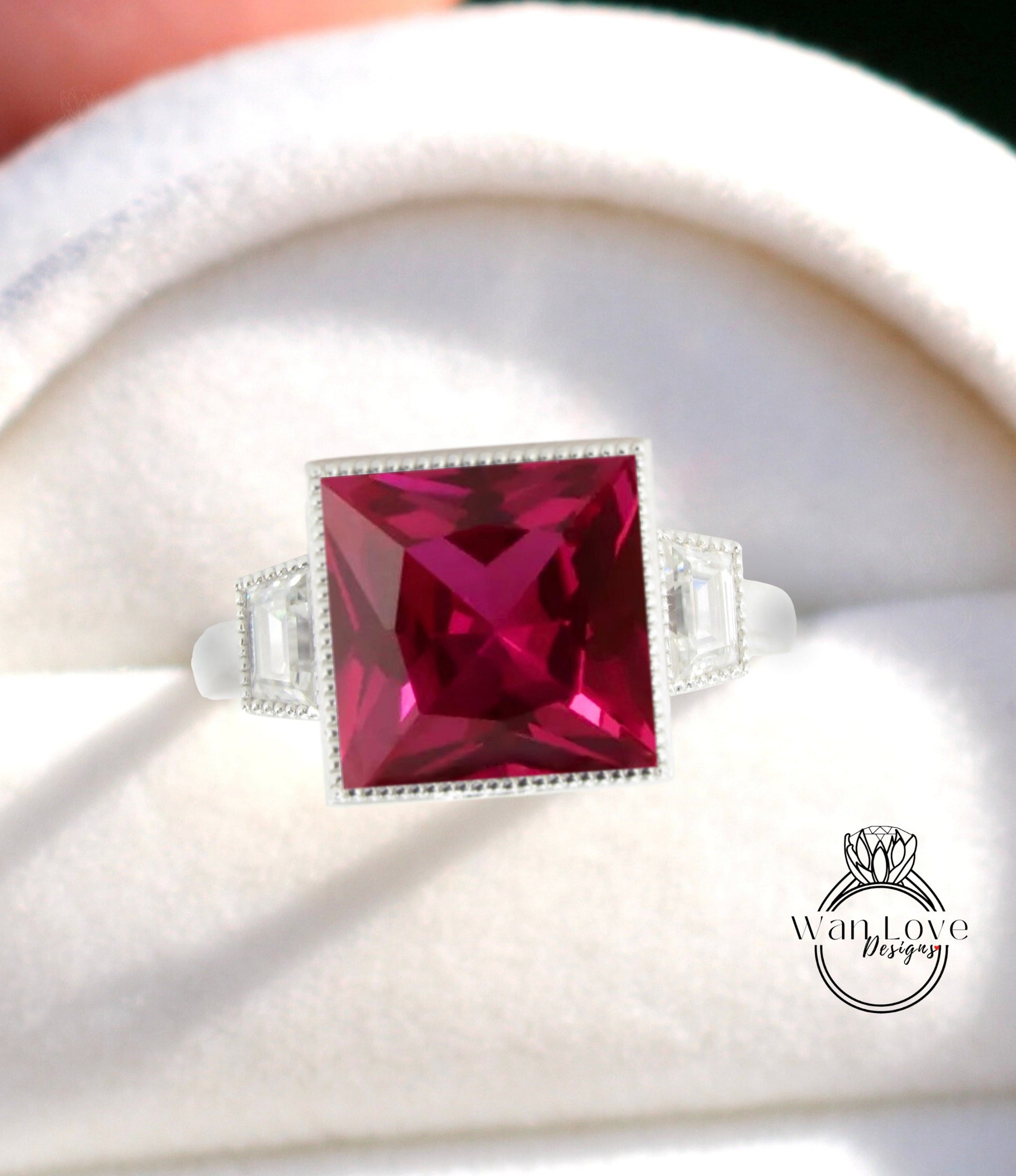 Ruby & Moissanite Sapphire 3 Gem Princess Trapezoid Bezel set Engagement Ring 14k 18k Gold-Platinum-Custom-Wedding, WanLoveDesigns Wan Love Designs