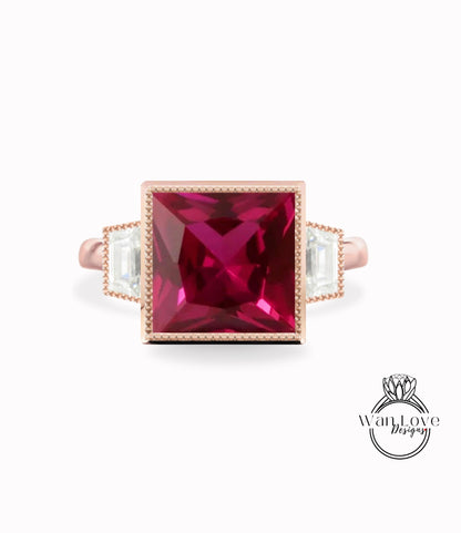 Ruby & Moissanite Sapphire 3 Gem Princess Trapezoid Bezel set Engagement Ring 14k 18k Gold-Platinum-Custom-Wedding, WanLoveDesigns Wan Love Designs