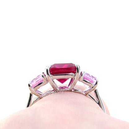 Ruby & Pink Sapphire 3 Stone Cushion Round Engagement Anniversary Ring-3ct-1ct-8mm-5mm-14k-18k-White Yellow Rose Gold-Platinum-Custom-Weding Wan Love Designs