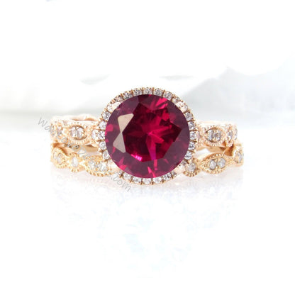 Ruby Sapphire Diamonds Round Halo WITH or WITHOUT Milgrain Wedding Set Rings Rings, 14kt Solid Rose Gold, WanLoveDesigns Wan Love Designs