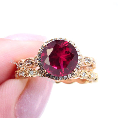 Ruby Sapphire Diamonds Round Halo WITH or WITHOUT Milgrain Wedding Set Rings Rings, 14kt Solid Rose Gold, WanLoveDesigns Wan Love Designs