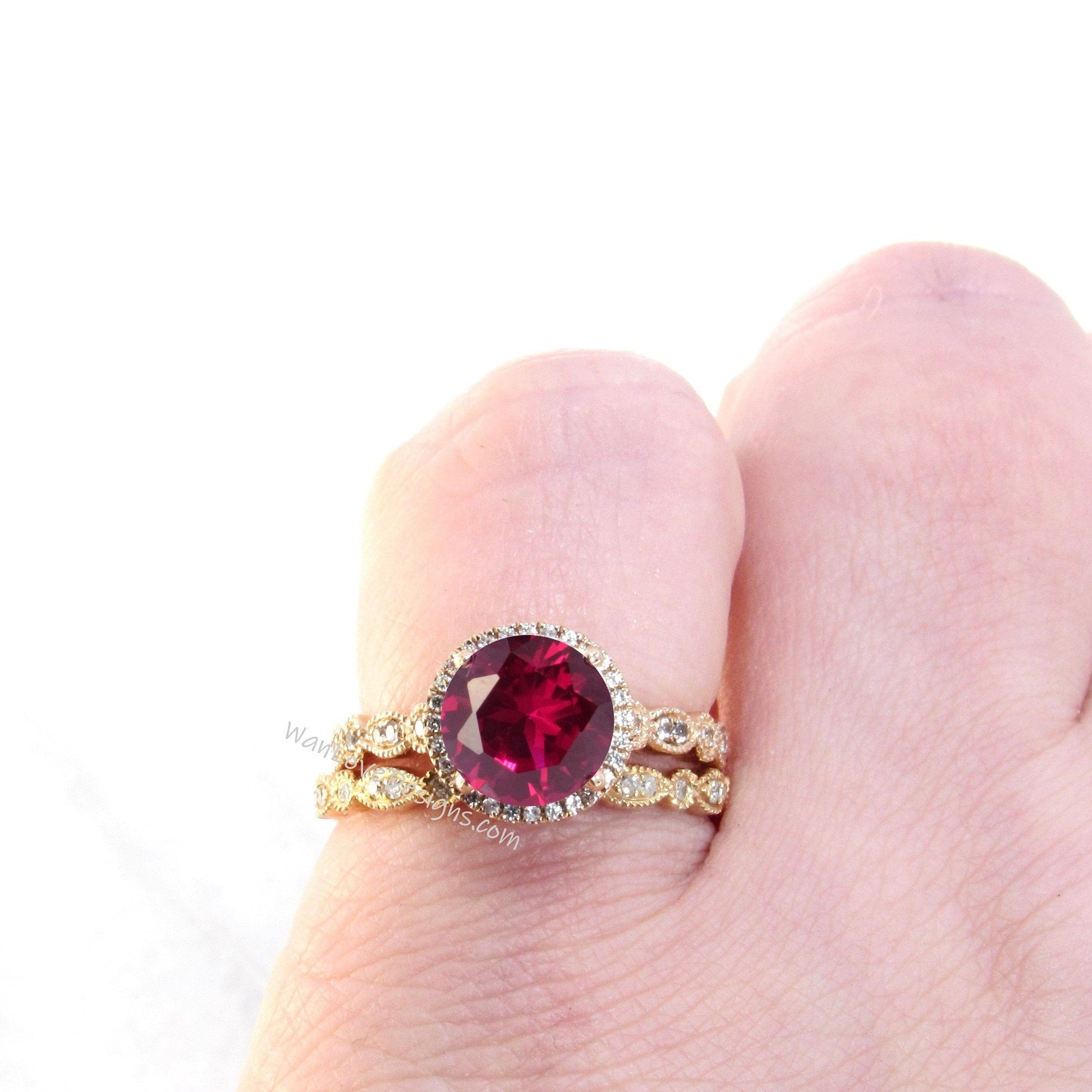 Ruby Sapphire Diamonds Round Halo WITH or WITHOUT Milgrain Wedding Set Rings Rings, 14kt Solid Rose Gold, WanLoveDesigns Wan Love Designs