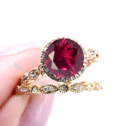 Ruby Sapphire Diamonds Round Halo WITH or WITHOUT Milgrain Wedding Set Rings Rings, 14kt Solid Rose Gold, WanLoveDesigns Wan Love Designs