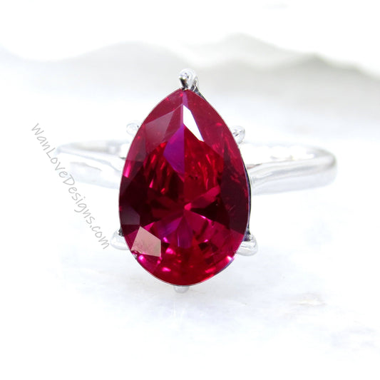 Ruby Solitaire Pear 6 Prong Cathedral Engagement Ring, 14k-18k-White Yellow Rose Gold-Platinum-Custom-Wedding-Anniversary, WanLoveDesigns Wan Love Designs