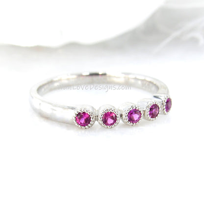 Ruby Wedding Band Ring Round Bezel Milgrain 5 Gemstone Antique Style Circle Custom Gem Stone Engagment Ring Band Wan Love Designs