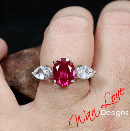 Ruby & White Sapphire Engagement Ring-Celebrity-4ct-10x8mm-Oval-1ct-7x5mm-Pear-Custom-925 Silver Rhodium-Wedding-Anniversary-Ready to Ship Wan Love Designs