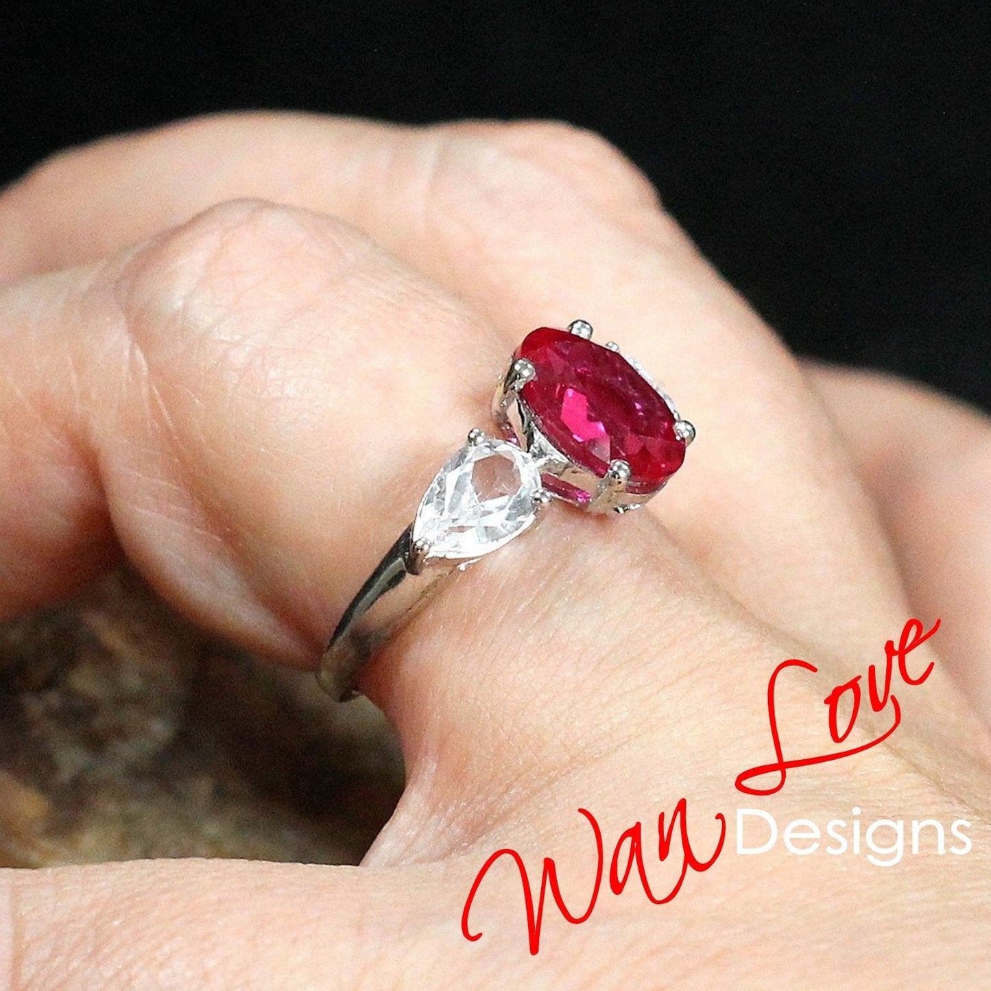 Ruby & White Sapphire Engagement Ring-Celebrity-4ct-10x8mm-Oval-1ct-7x5mm-Pear-Custom-925 Silver Rhodium-Wedding-Anniversary-Ready to Ship Wan Love Designs