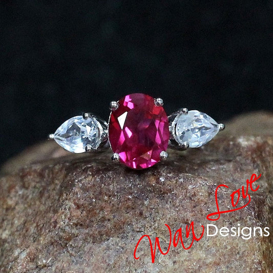Ruby & White Sapphire Engagement Ring-Celebrity-4ct-10x8mm-Oval-1ct-7x5mm-Pear-Custom-925 Silver Rhodium-Wedding-Anniversary-Ready to Ship Wan Love Designs