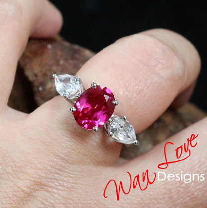 Ruby & White Sapphire Engagement Ring-Celebrity-4ct-10x8mm-Oval-1ct-7x5mm-Pear-Custom-925 Silver Rhodium-Wedding-Anniversary-Ready to Ship Wan Love Designs