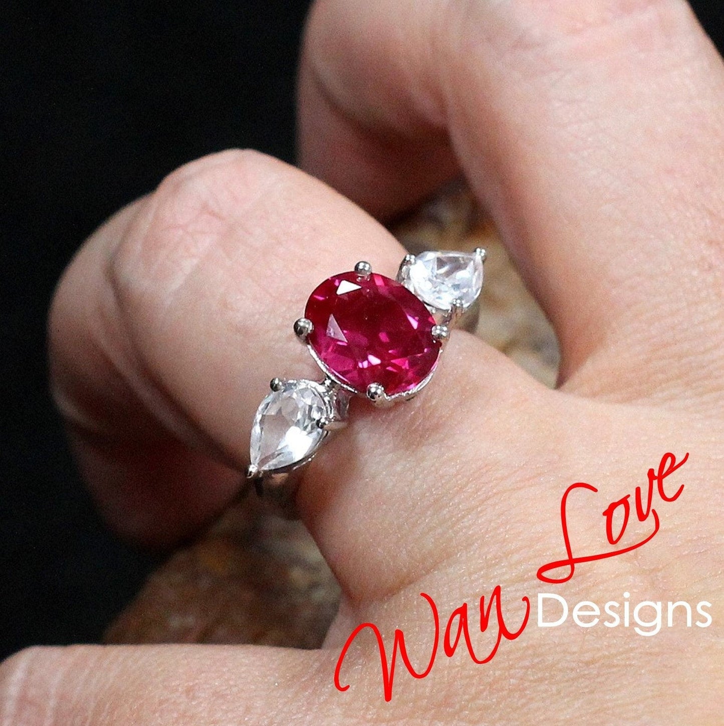 Ruby & White Sapphire Engagement Ring-Celebrity-4ct-10x8mm-Oval-1ct-7x5mm-Pear-Custom-925 Silver Rhodium-Wedding-Anniversary-Ready to Ship Wan Love Designs