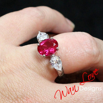 Ruby & White Sapphire Engagement Ring-Celebrity-4ct-10x8mm-Oval-1ct-7x5mm-Pear-Custom-925 Silver Rhodium-Wedding-Anniversary-Ready to Ship Wan Love Designs