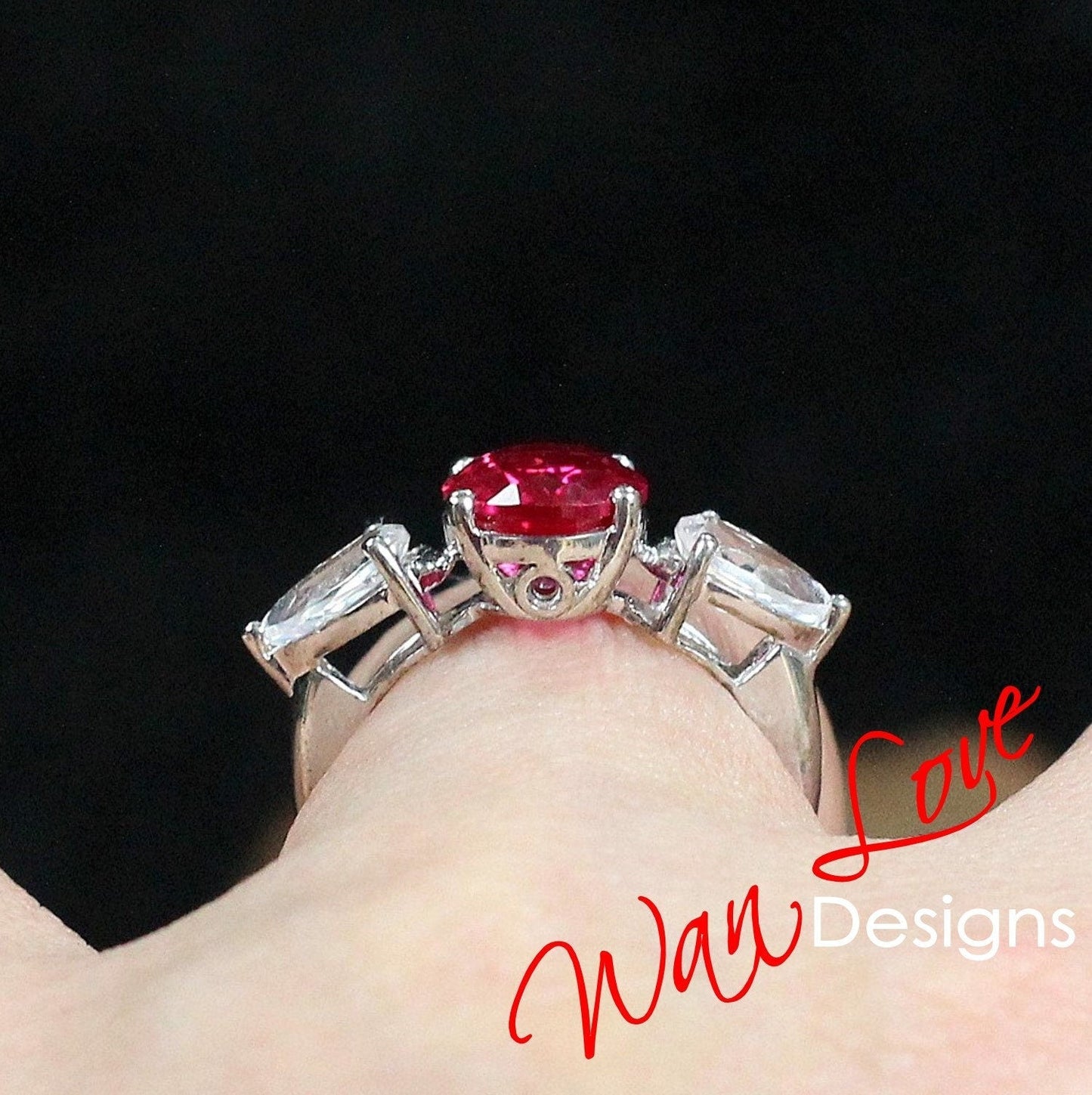 Ruby & White Sapphire Engagement Ring-Celebrity-4ct-10x8mm-Oval-1ct-7x5mm-Pear-Custom-925 Silver Rhodium-Wedding-Anniversary-Ready to Ship Wan Love Designs