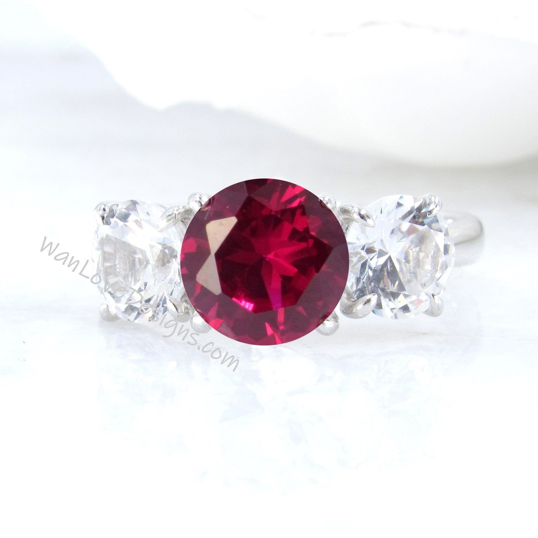 Ruby White Sapphire Moissanite 3 Stone Round Engagement Ring 14k 18k White Yellow Rose Gold Platinum Custom Anniversary Wan Love Designs